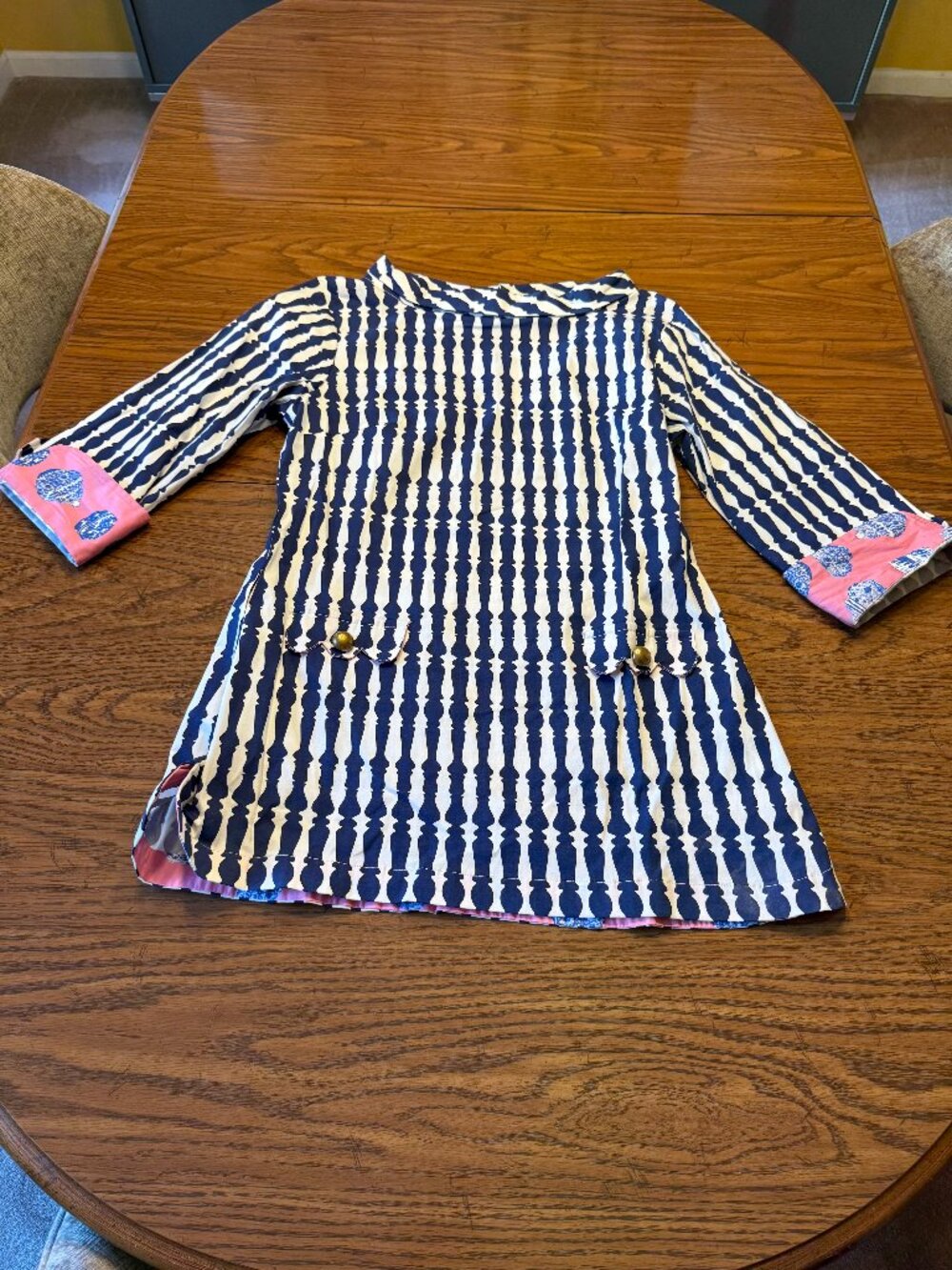 Tizzie Geometric Shift Tunic Dress Navy White Pink Cuffs M